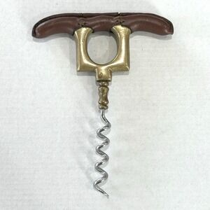 Vintage T Handle Bar Corkscrew Leather Handle Brass MCM Victorian Wine Opener